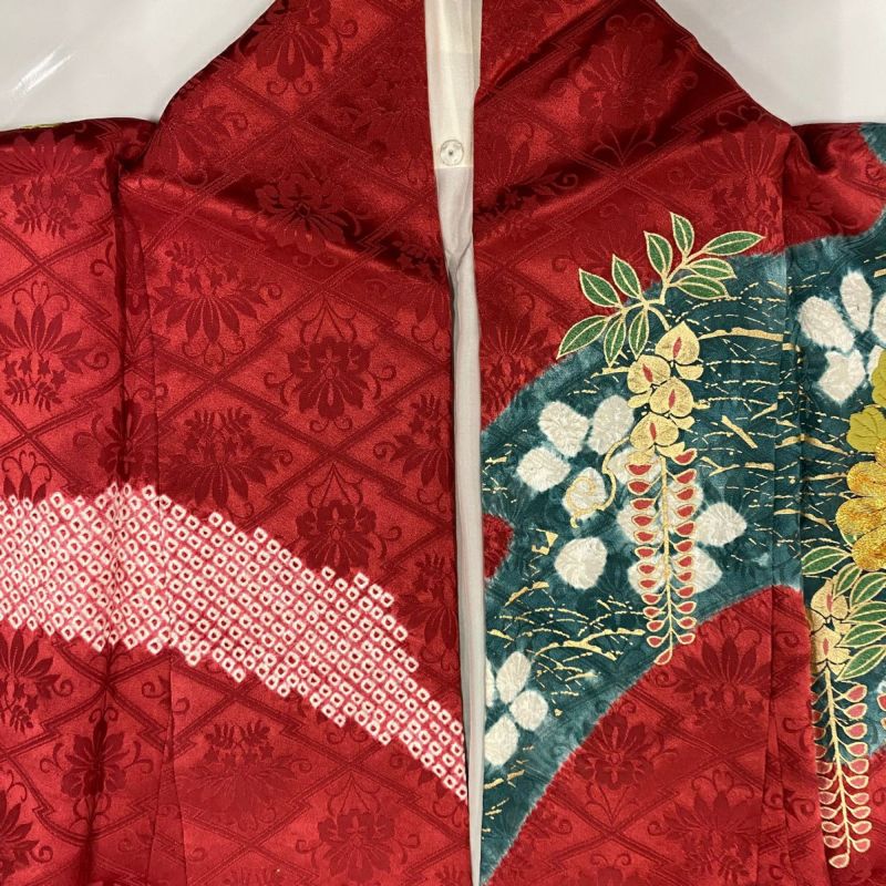 振袖 身丈164cm 裄丈64cm M 袷 菊 藤 刺繍 絞り 赤 正絹 名品