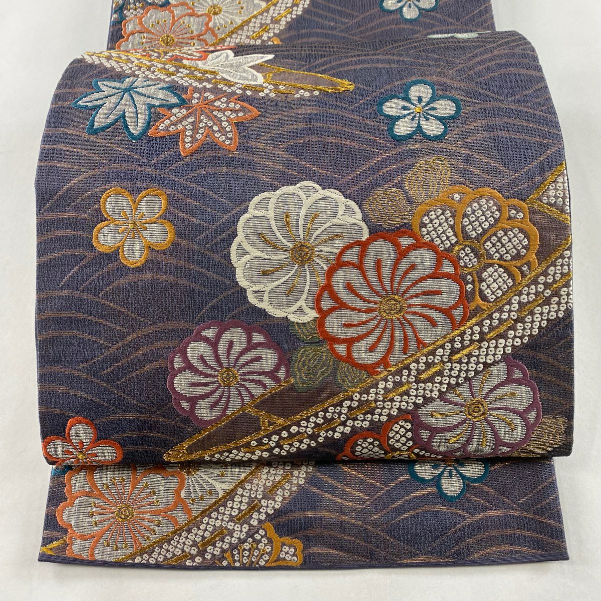 袋帯 名品 花井幸子 落款あり 笹 波 金糸 箔 銀色 六通 正絹｜中古 