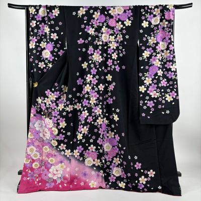 振袖 身丈174.5cm 裄丈72cm L 袷 薬玉 桜 金彩 染め分け 黒 正絹