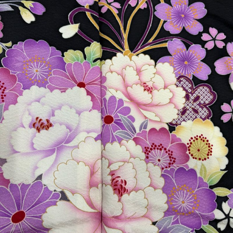 振袖 身丈174.5cm 裄丈72cm L 袷 薬玉 桜 金彩 染め分け 黒 正絹