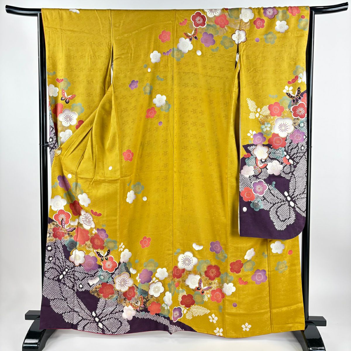 振袖 名品 やまと 枝垂桜 蝶 金銀彩 染分け 紫「H096」 ヘップバーン 紫/黒/ゴールド バラ柄 ベルベット素材 セレブ