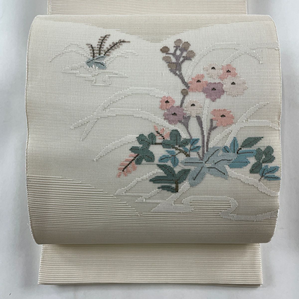 名古屋帯 優品 夏帯 絽 草花 銀糸 箔 クリーム 正絹｜中古・古着