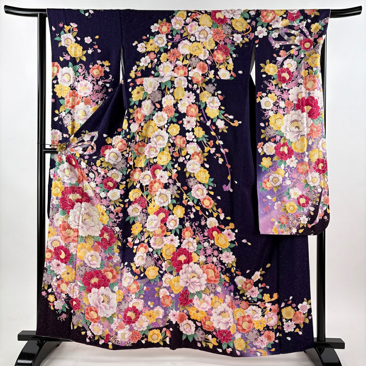 振袖 身丈163cm 裄丈65.5cm M 袷 牡丹 桜 銀通し 箔 濃紫 正絹 逸品