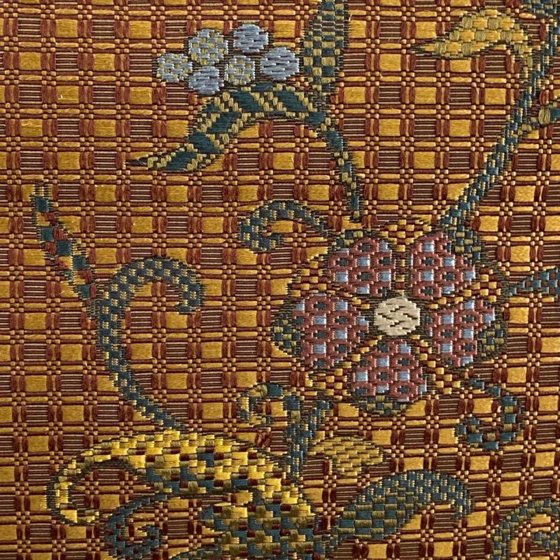 名古屋帯 秀品 八寸名古屋帯 松葉仕立て 花唐草 幾何学模様 赤茶
