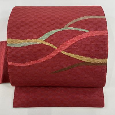 名古屋帯 未使用品 金通し 紬 万寿菊 華柄 NO-972 リサイクル名古屋帯 九寸名古屋帯 赤金 扇面 華扇 末広扇面 舞台