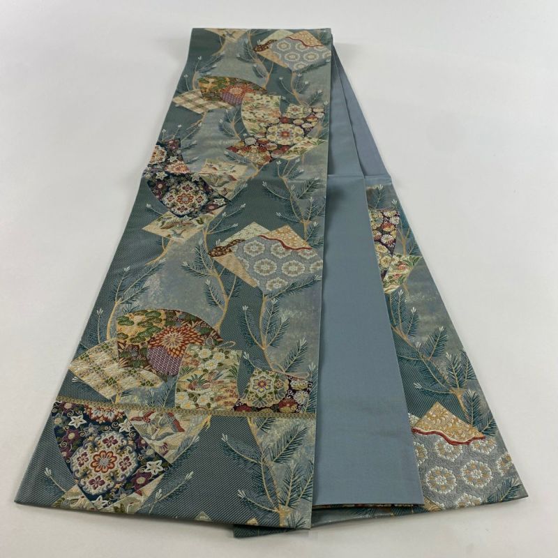 袋帯 美品 秀品 短冊 花鳥 金銀糸 箔 灰緑 六通 正絹｜中古
