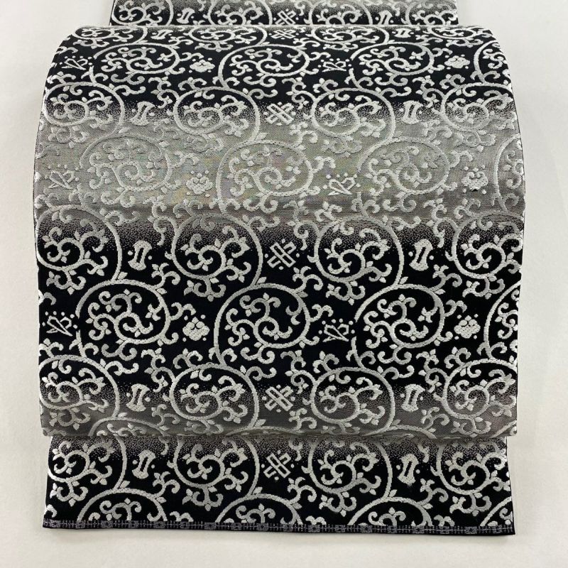 袋帯 名品 花 刺繍 灰色 全通 正絹 【中古】（袋帯 美品 名品