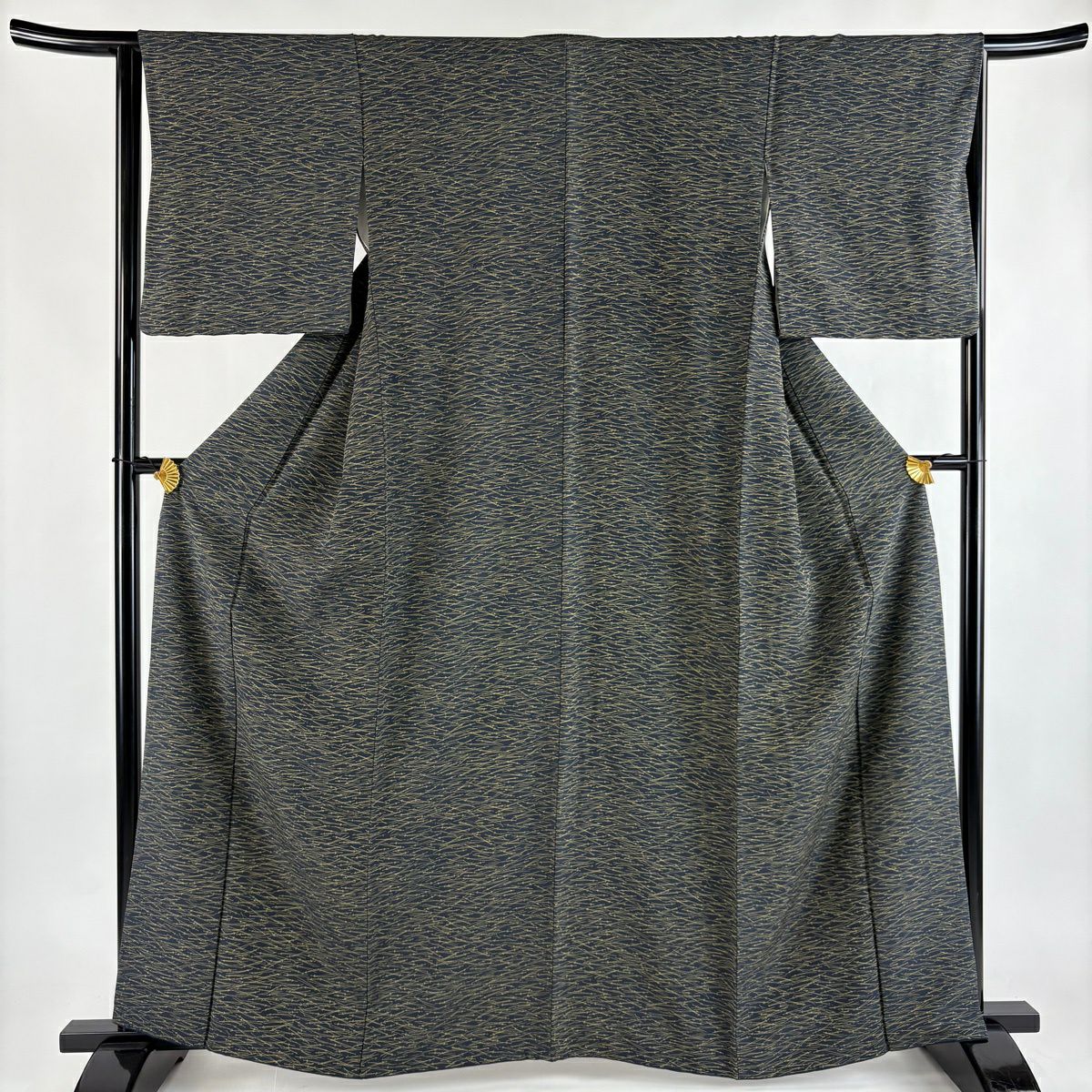 小紋　袷　 黒と茶色麻の葉 小紋 袷 黒と茶色麻の葉