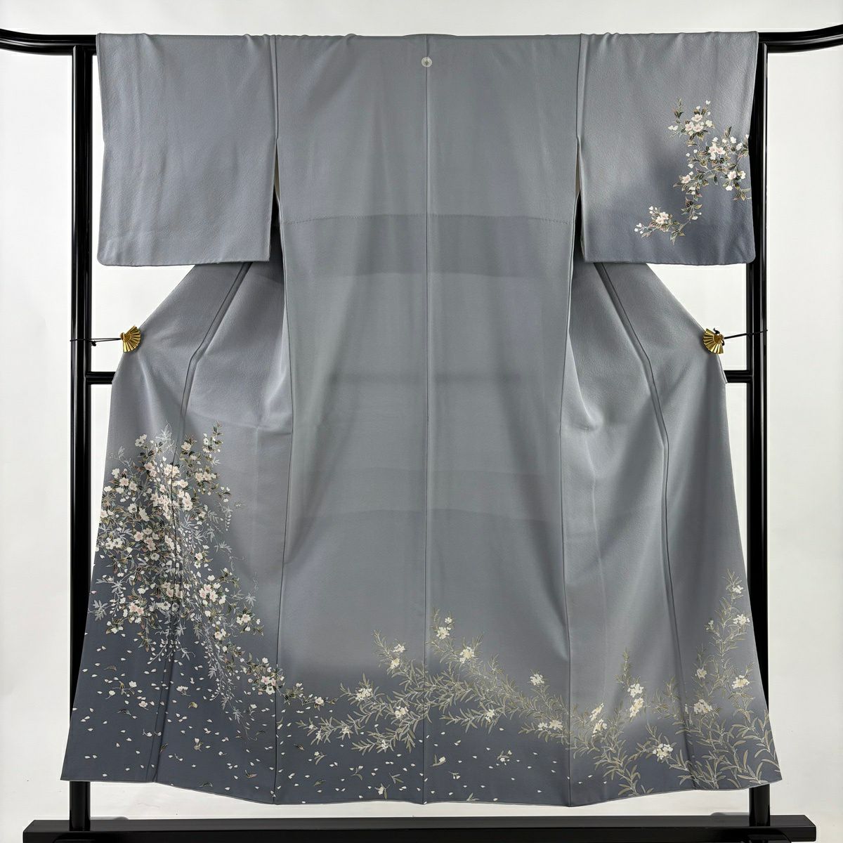 ◆未使用美品◆付下げ 袷 墨灰色 桜花弁 一つ紋 訪問着 小紋 卒入学式 お花見 きもの 和 訪問着 正絹 万葉染織 京友禅 未仕立て 灰桜色 雪輪竹文