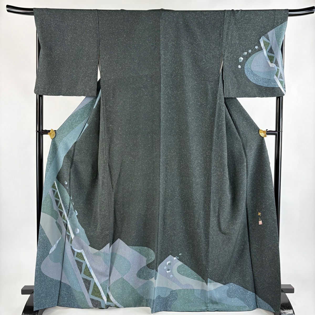 訪問着 身丈167cm 裄丈67.5cm L 袷 落款あり 幾何学模様 深緑 正絹 秀