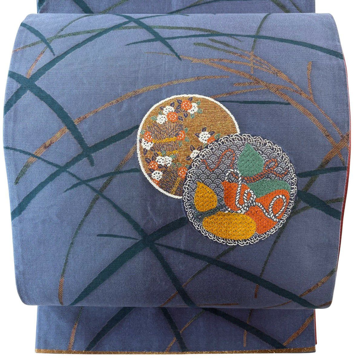 袋帯 秀品 丸文 瓢箪 箔 藍色 お太鼓柄 正絹｜中古・古着・リサイクル