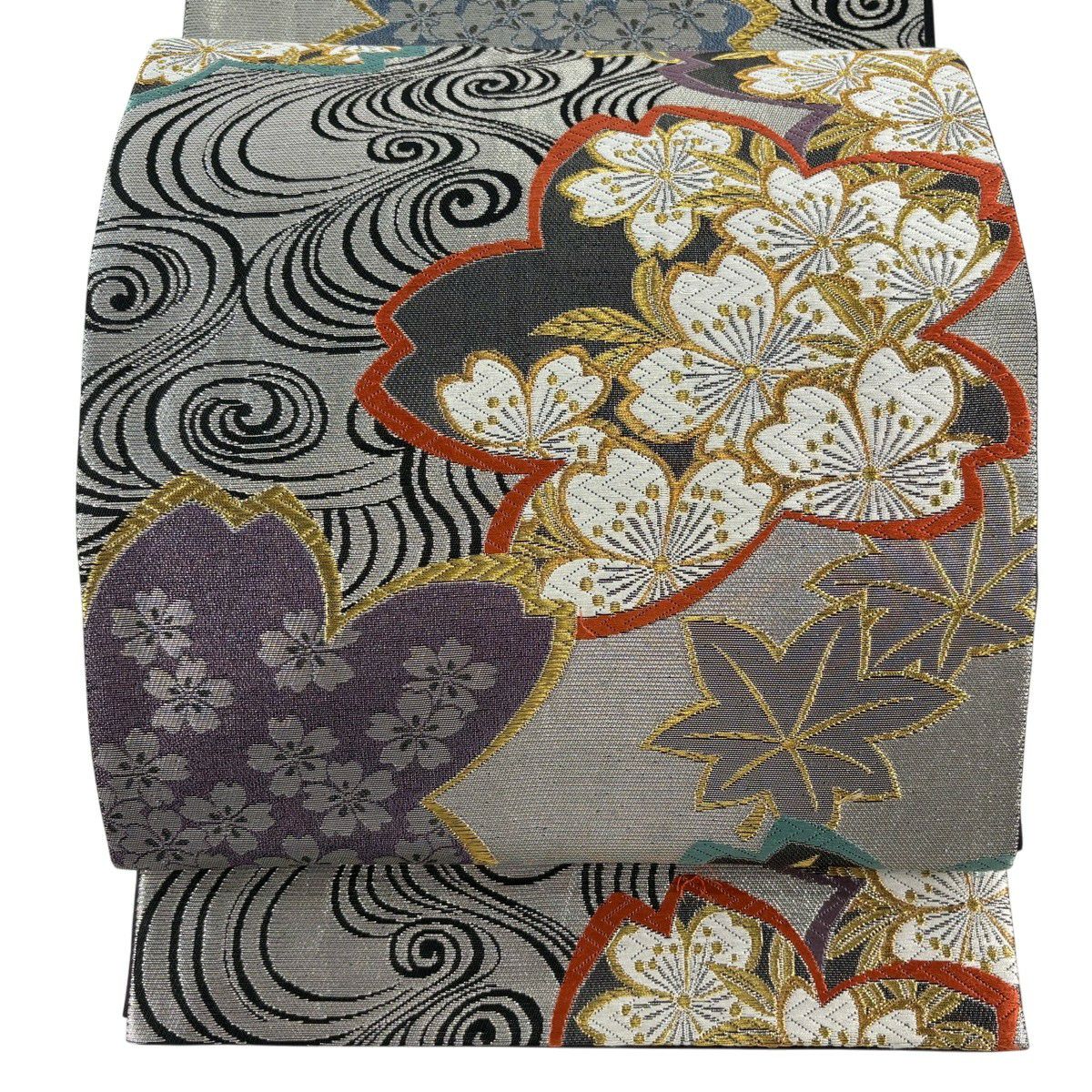 袋帯 秀品 桜 流水 金銀糸 箔 銀色 六通 正絹｜中古・古着・リサイクル