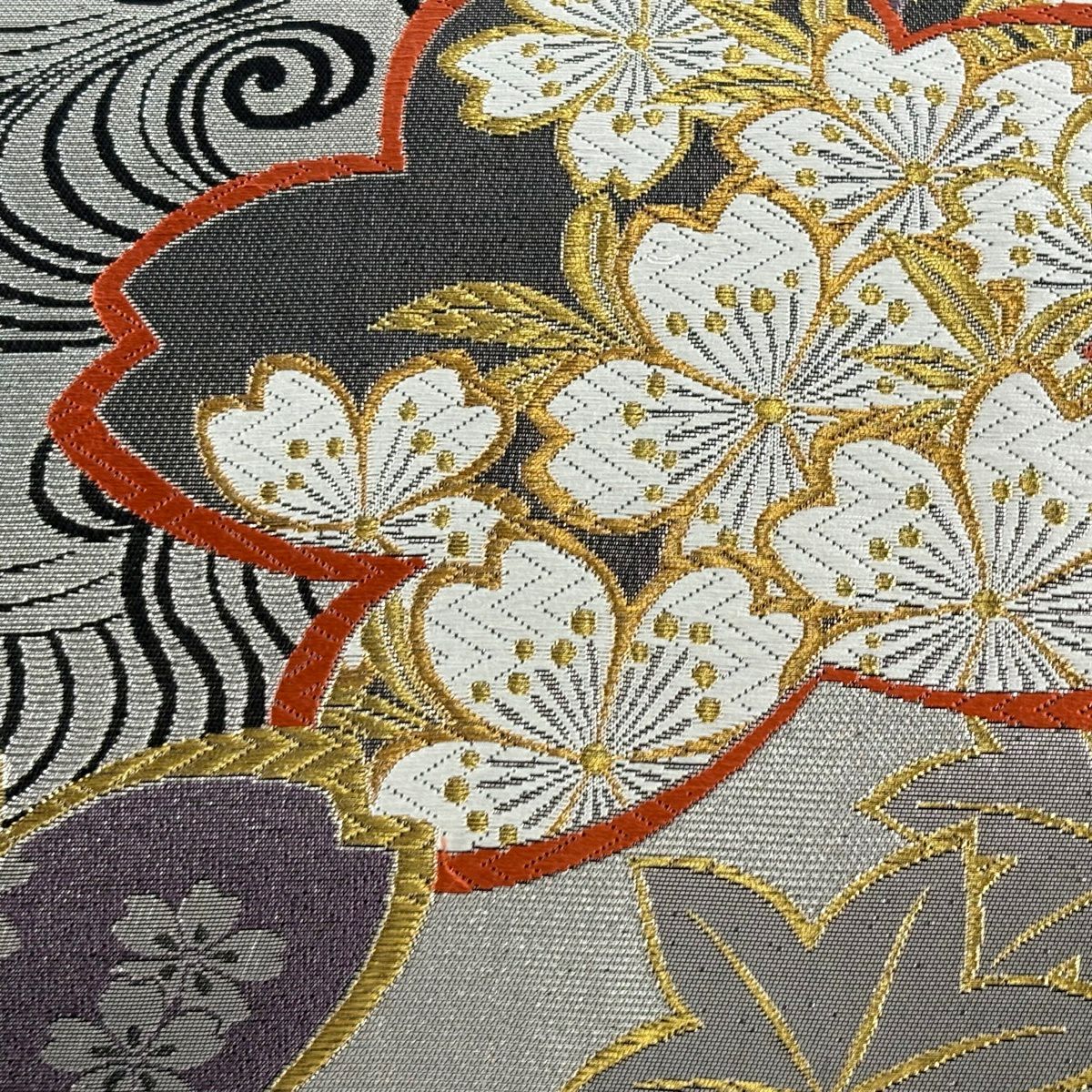 袋帯 秀品 桜 流水 金銀糸 箔 銀色 六通 正絹｜中古・古着・リサイクル