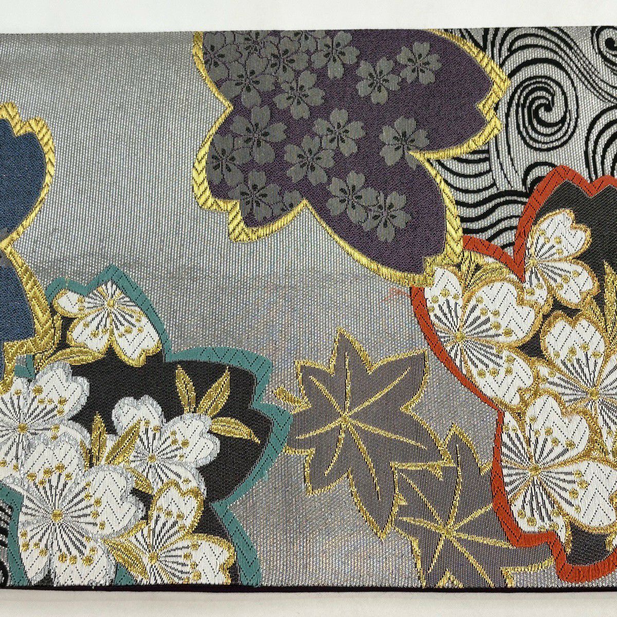 A 44美品袋帯 六通柄 金銀糸　流水花 桜　振袖向き　正絹 美品 着物 袋帯 秀品 桜 流水 金銀糸 箔 銀色 六通 正絹｜中古・古着・リサイクル