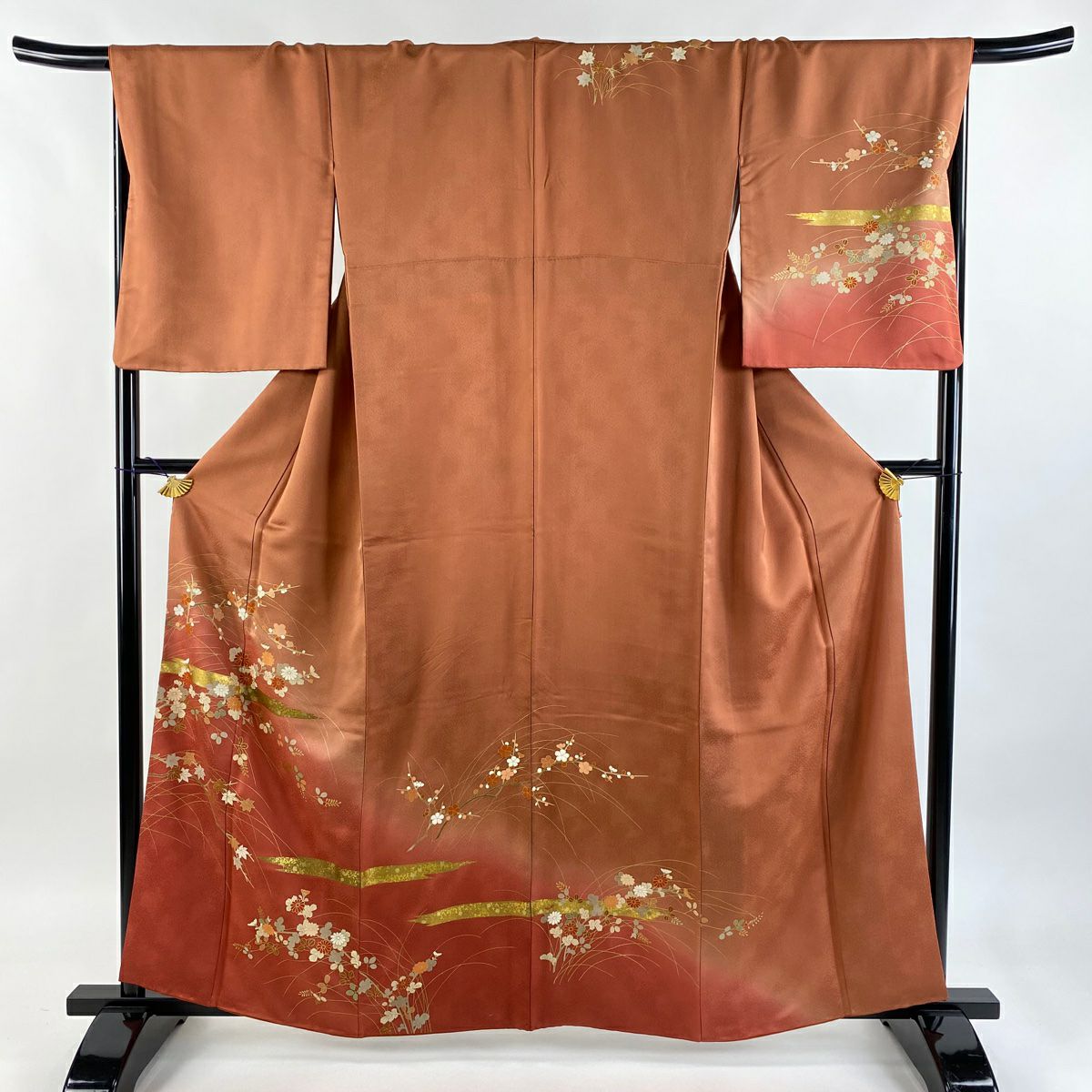 訪問着 身丈161cm 裄丈68cm L 袷 秋草 霞 金彩 ぼかし 赤茶 正絹 秀品