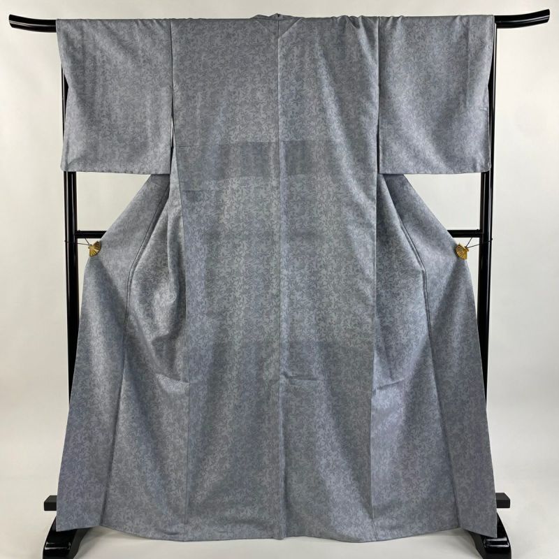 美品】 色無地 身丈167cm 裄丈67cm M 袷 地紋 花鳥 青灰色 正絹 名品