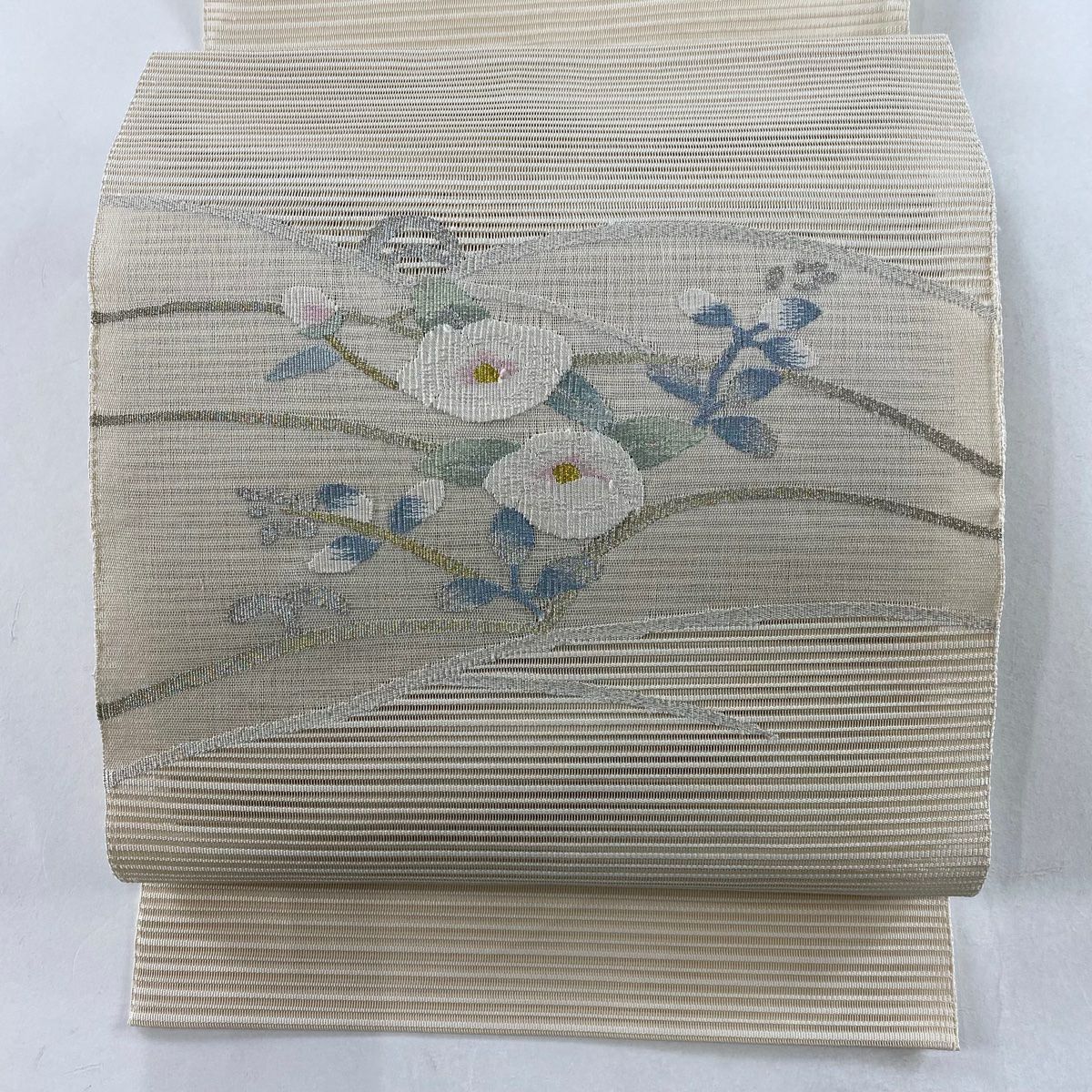 B 絽綴れ 紅葉と松葉模様 銀糸 ベージュ 薄物 夏用 紗 松葉仕立て名古屋帯 D 美品 夏物 羅 ライン模様 六通 正絹 薄物 絽 紗 松葉仕立て