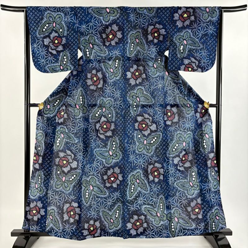浴衣 身丈161cm 裄丈64.5cm M 絞り浴衣 蝶 花 藍色 綿 美品 名品