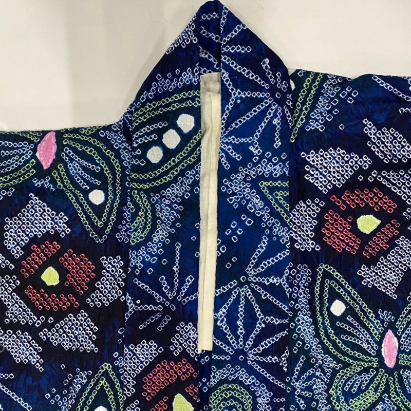 浴衣 身丈161cm 裄丈64.5cm M 絞り浴衣 蝶 花 藍色 綿 美品 名品