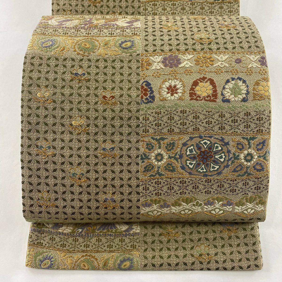 袋帯 秀品 屏風 誰が袖 金糸 青灰色 お太鼓柄 正絹｜中古・古着