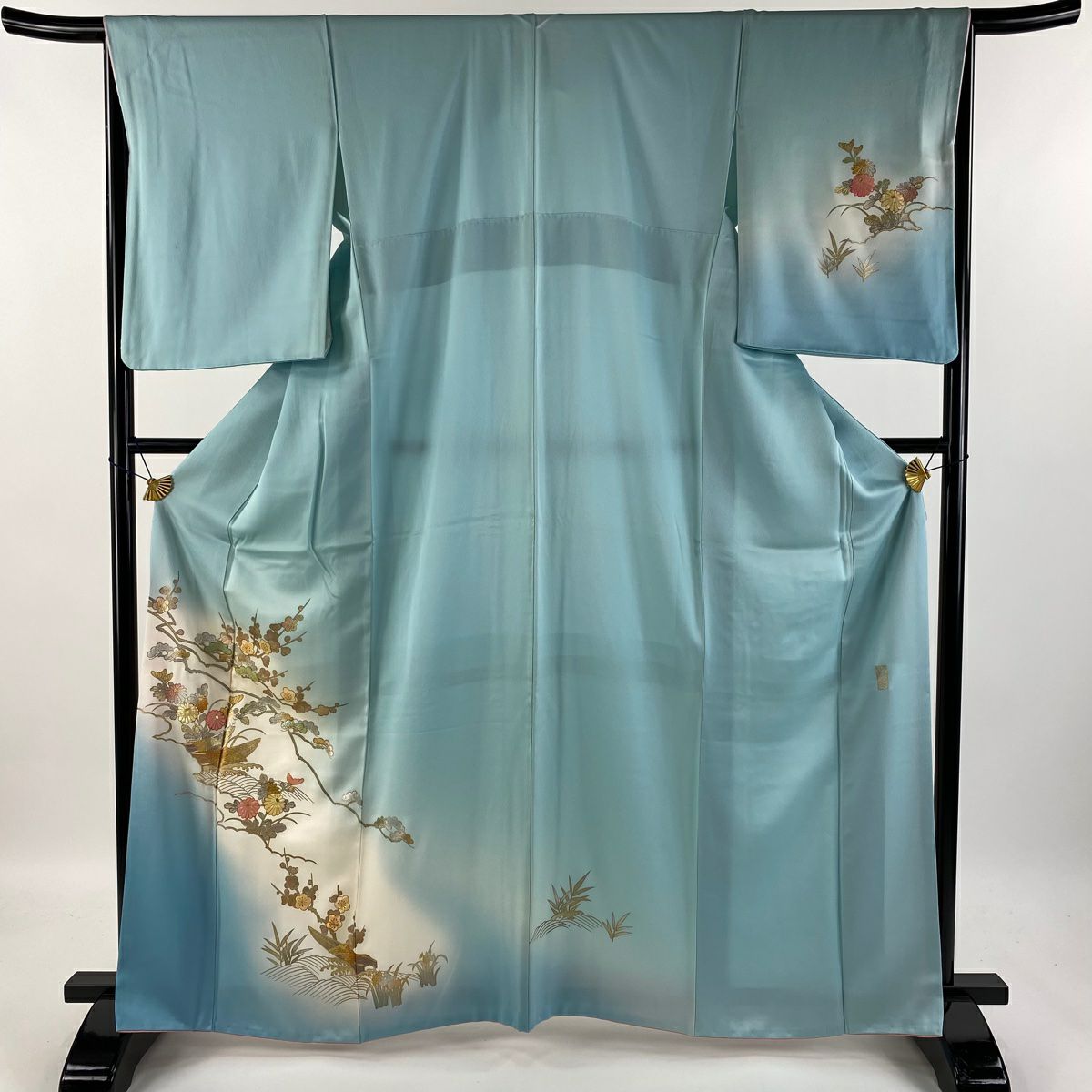 付下げ 身丈161cm 裄丈66cm M 袷 草花 霞 金銀彩 ぼかし よもぎ