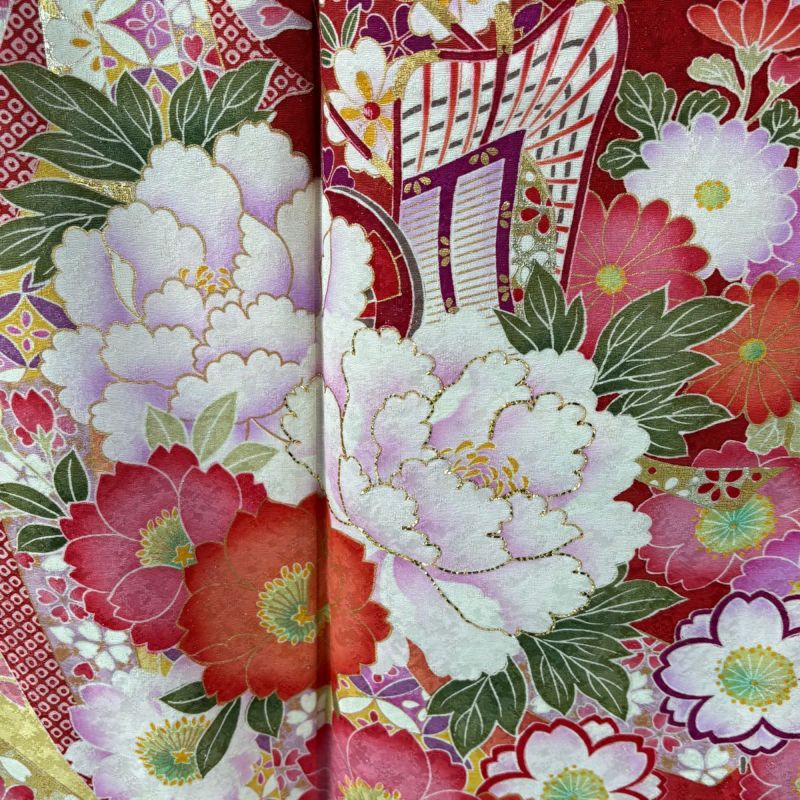 豪華 振袖 美しい花模様に鼓 裄67.5 着物 正絹 袷 広衿 RK-3231 平和屋着物□豪華振袖 駒刺繍 扇面花文 金彩 正絹 逸品