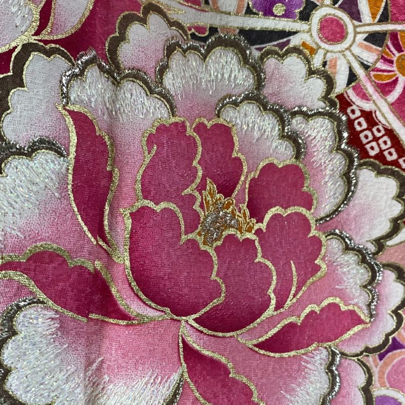 振袖 身丈173.5cm 裄丈68cm L 袷 牡丹 枝垂れ桜 刺繍 銀通し