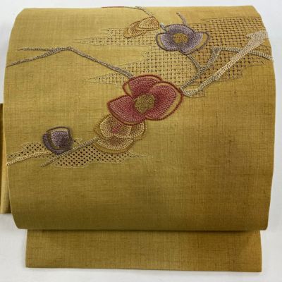 紬の名古屋帯　草花の刺繍　着物 名古屋帯 緑がかった水色に刺繍の花唐草x鈍色無地の節紬 | 野の草