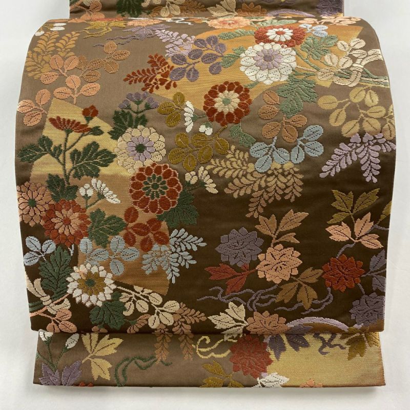 袋帯 名品 秋草花束文様 唐織 箔 茶色 六通 正絹｜中古・古着