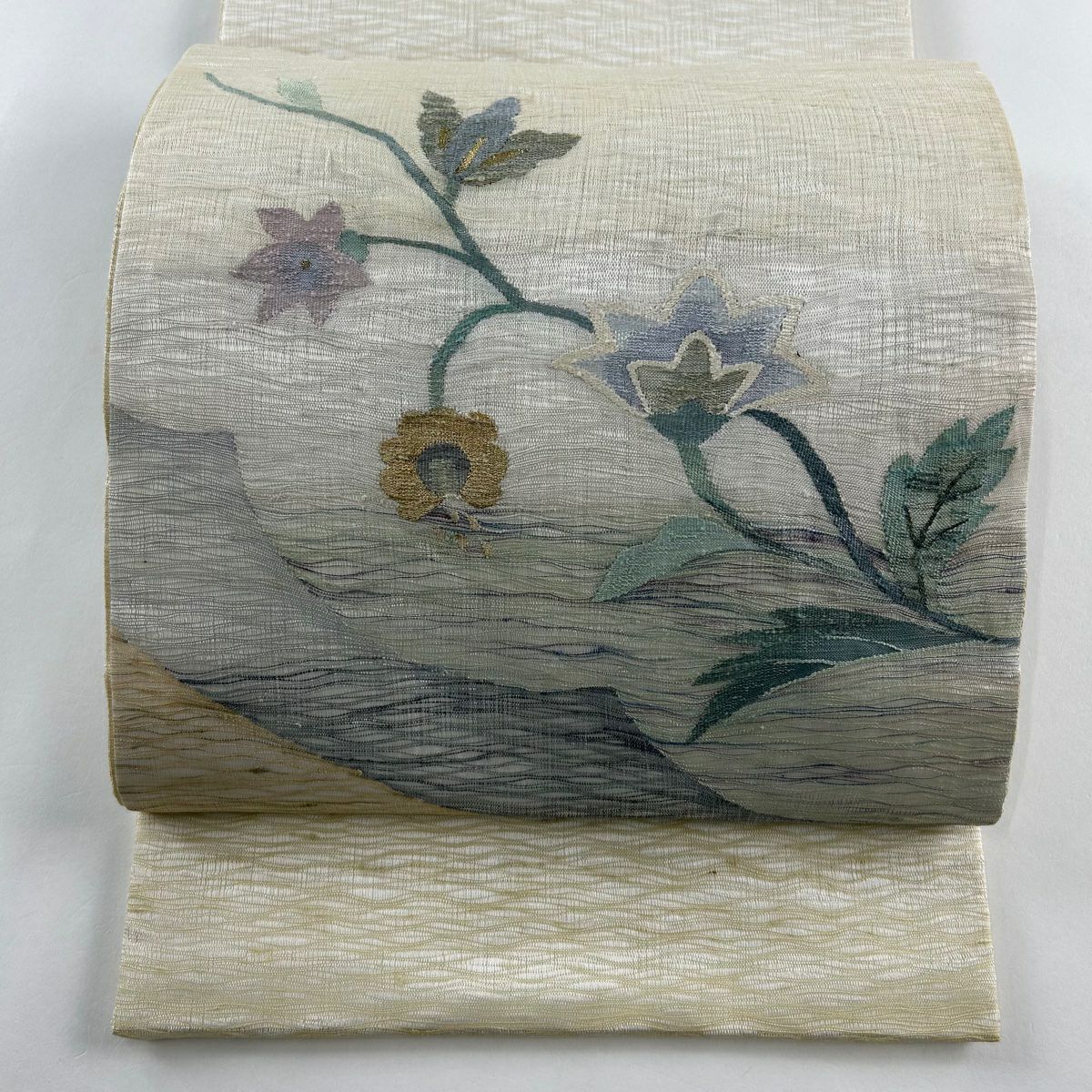 袋帯 美品 秀品 夏帯 絽 波 金糸 銀糸 水色 お太鼓柄 正絹｜中古