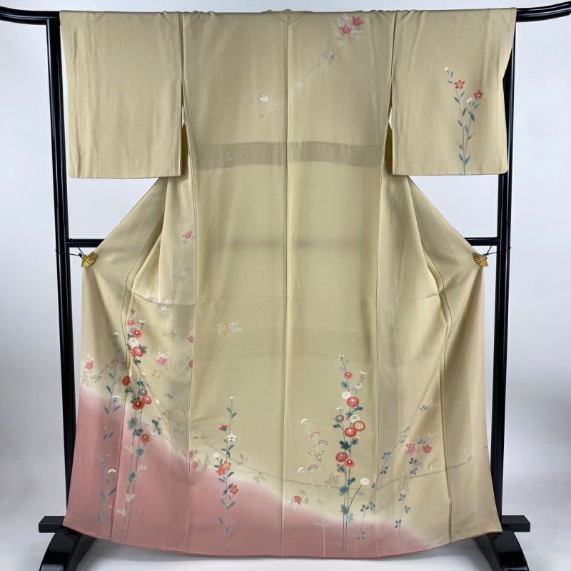 訪問着 身丈165cm 裄丈65cm M 袷 菊 橘 金彩 染め分け ベージュ