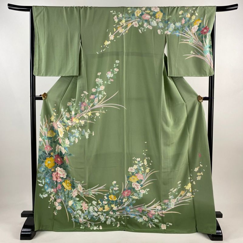 D713 訪問着　花模様　緑　正絹　着物　袷　美品 D713 訪問着 花模様 緑 正絹 着物 袷 美品