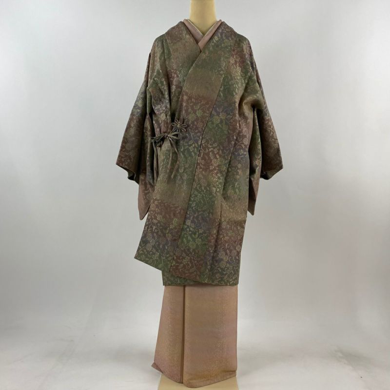 道中着 身丈124cm 裄丈63cm S 和装コート 変わり市松 薄茶色