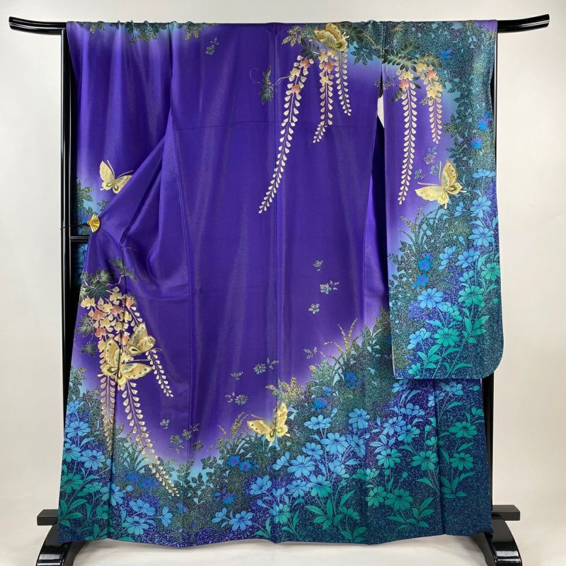 振袖 身丈165cm 裄丈68cm L 袷 蝶 藤 金彩 金通し 紫 正絹 秀品