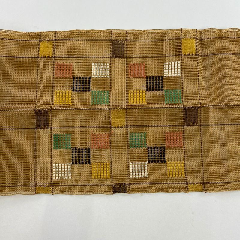 半幅帯 美品 名品 縞 幾何学 山吹茶色 正絹 中古 半幅帯 美品 名品 縞 幾何学 山吹茶色 正絹 中古