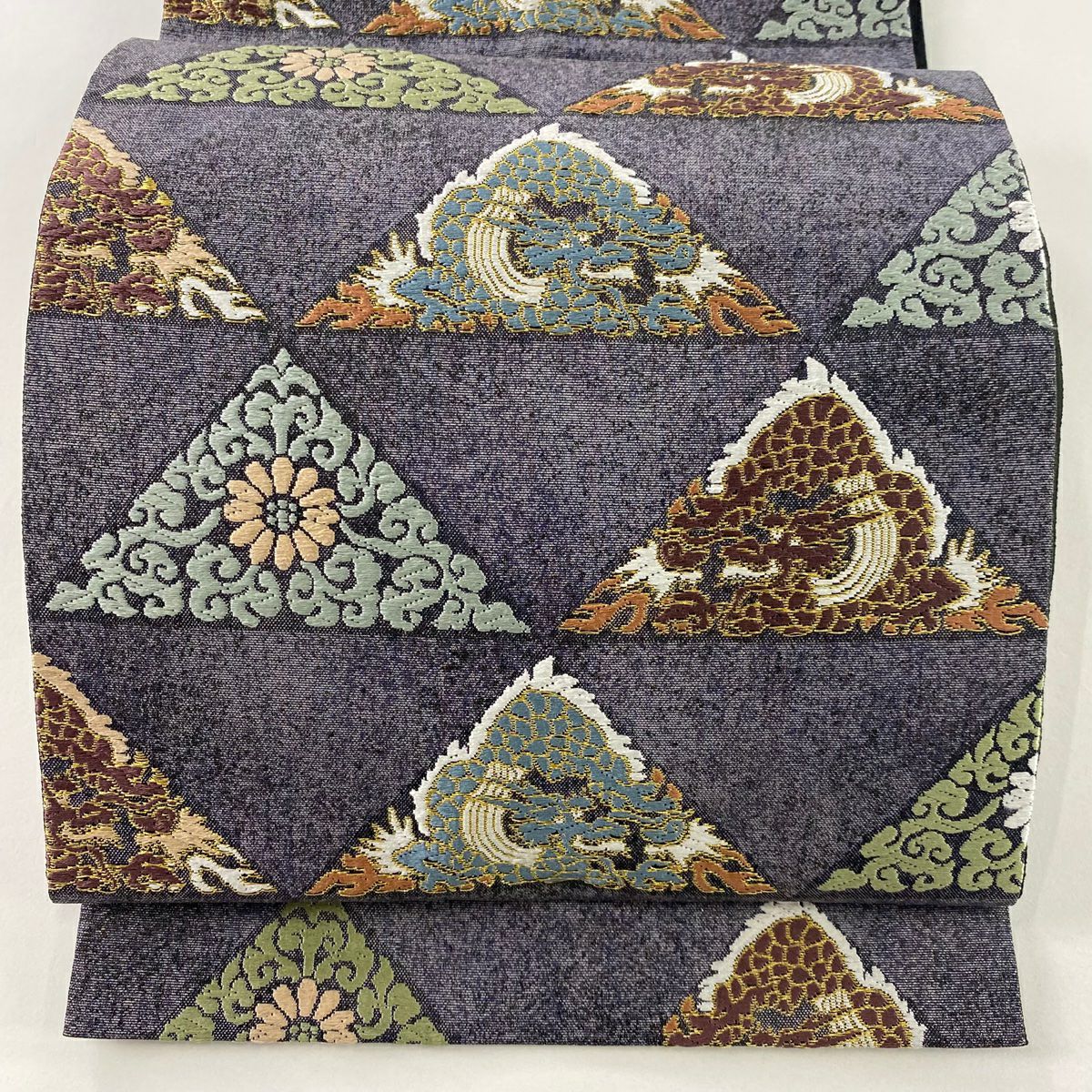 (最終市) No.2406 未使用シリーズ正絹菱縞箔袋帯 超美品 袋帯 美品 秀品 波 段縞 金銀糸 箔 灰白 六通 正絹|中古・古着