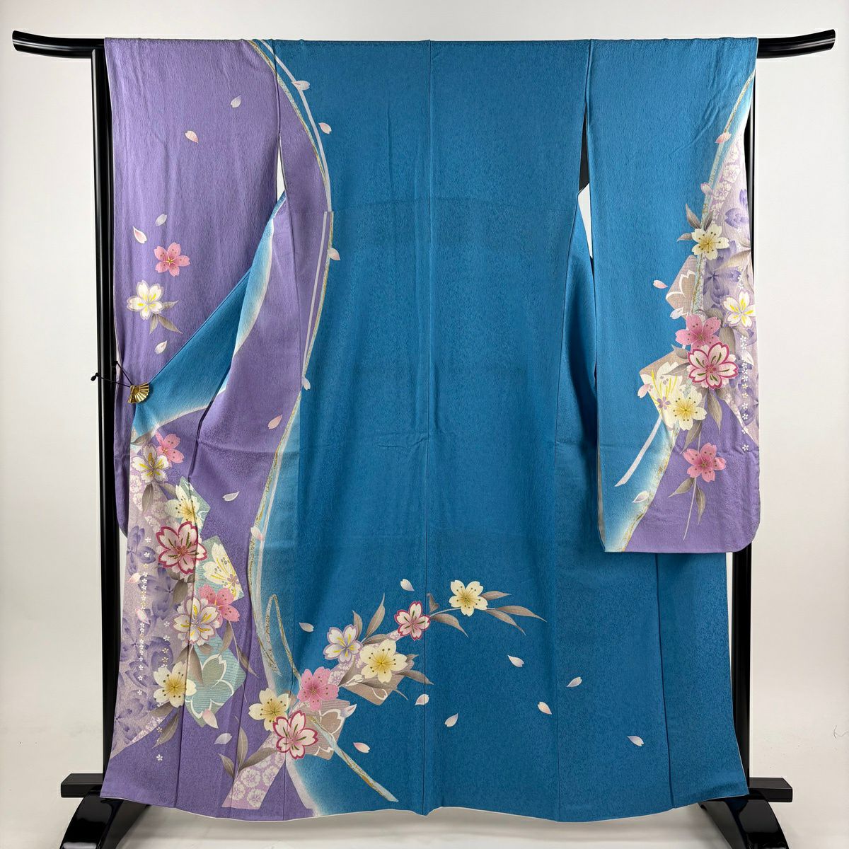 振袖 身丈162cm 裄丈65.5cm M 袷 桜 色紙 銀通し 箔 水色 正絹 名品