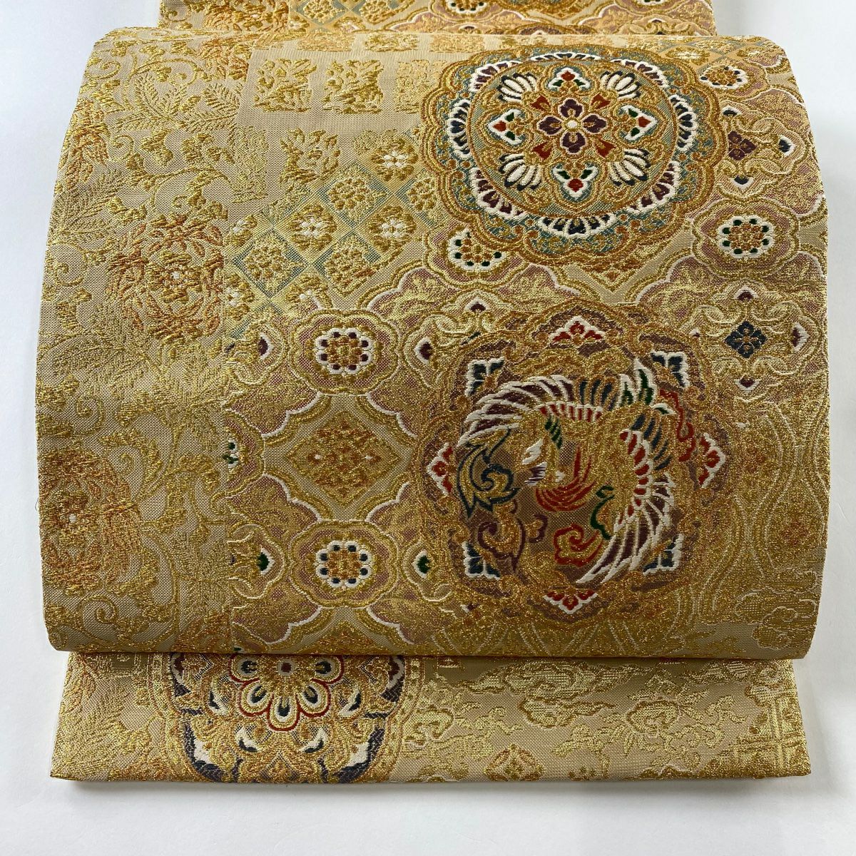 ［全通］袋帯　新品未使用品　455cm O-832 70%OFF 袋帯 美品 秀品 鳳凰 流水 金銀糸 箔 薄茶色 六通 正絹