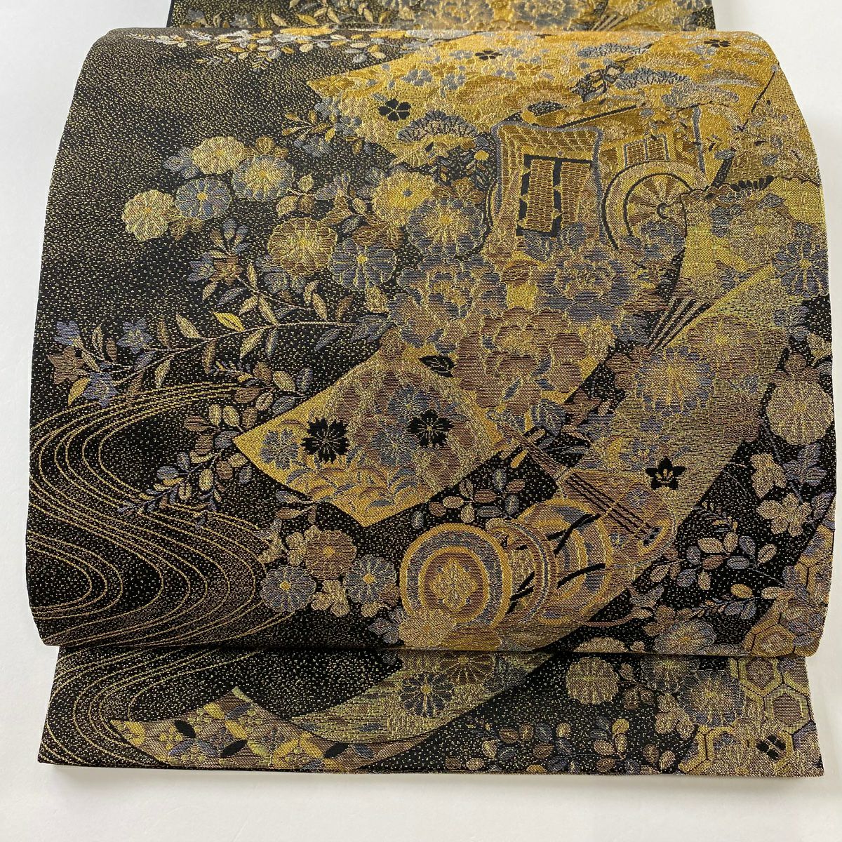 袋帯 美品 秀品 波 段縞 金銀糸 箔 灰白 六通 正絹｜中古・古着