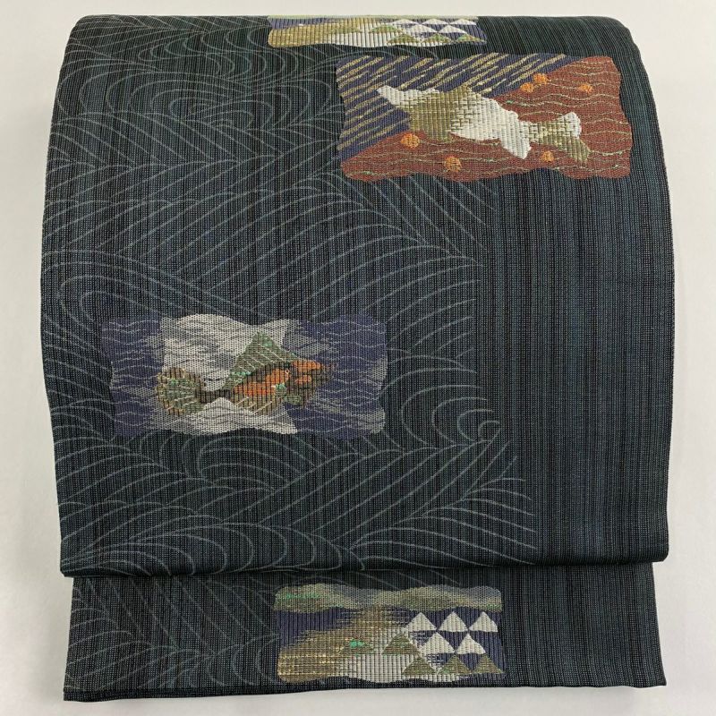袋帯 美品 秀品 魚 波 金糸 緑 六通 正絹｜中古・古着