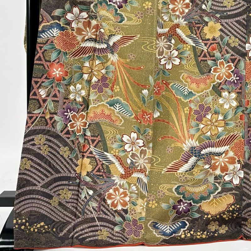 振袖 身長157-172cm 緑 正絹 振袖 身丈172cm 裄丈68.5cm L 袷 花鳥 松 金銀彩 染め分け 鶯色