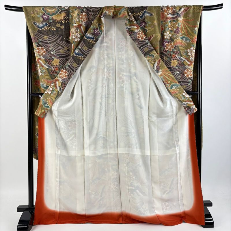 振袖 身長157-172cm 緑 正絹 振袖 身丈163cm 裄丈65cm M 袷 地紋 緑 正絹 美品 名品 一つ紋