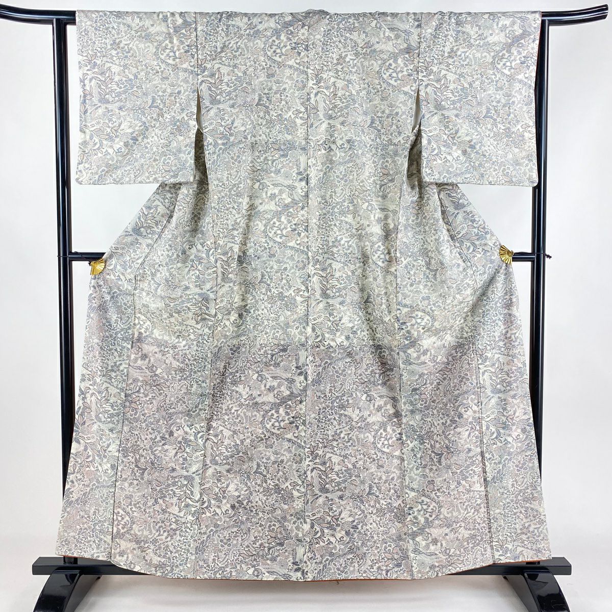 小紋 身丈161cm 裄丈63.5cm S 袷 草花 絞り クリーム 正絹 秀品