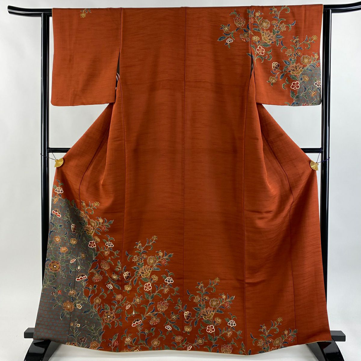 訪問着 身丈158cm 裄丈67.5cm L 袷 桜 紅葉 金彩 ぼかし 紺色 正絹 秀