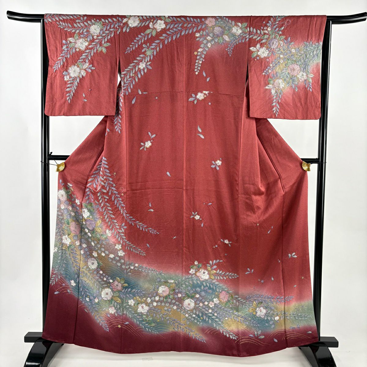 未使用　美品　草花模様小紋着物/裄67トールサイズ　イエローベージュd2 小紋 着物 リサイクル 正絹 袷 金彩加工 エクルベージュ色 草花