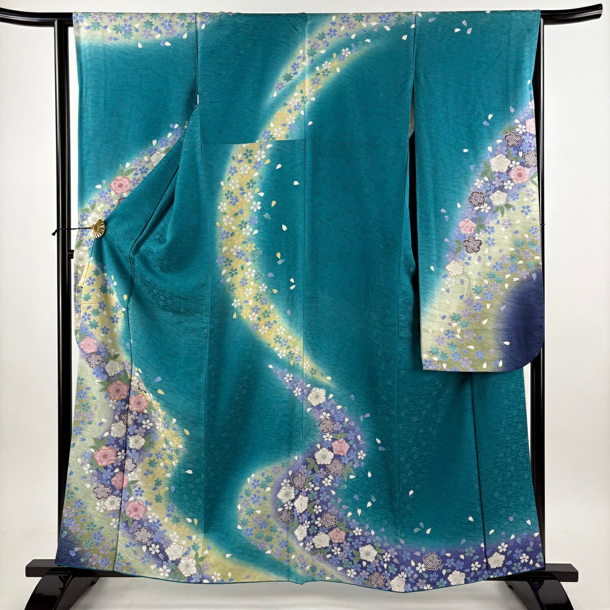 振袖 身丈160cm 裄丈64cm M 袷 桜 流水 金糸 銀通し 青緑 正絹 名品