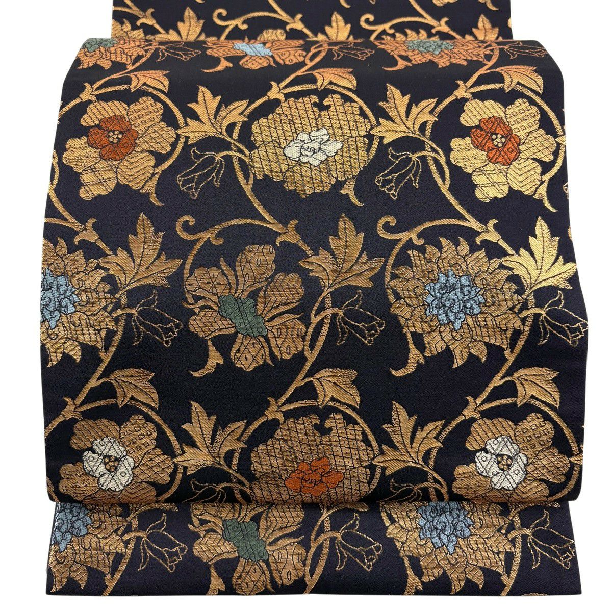 美品】 名古屋帯 秀品 花唐草 幾何学模様 箔 濃紫 正絹｜中古・古着