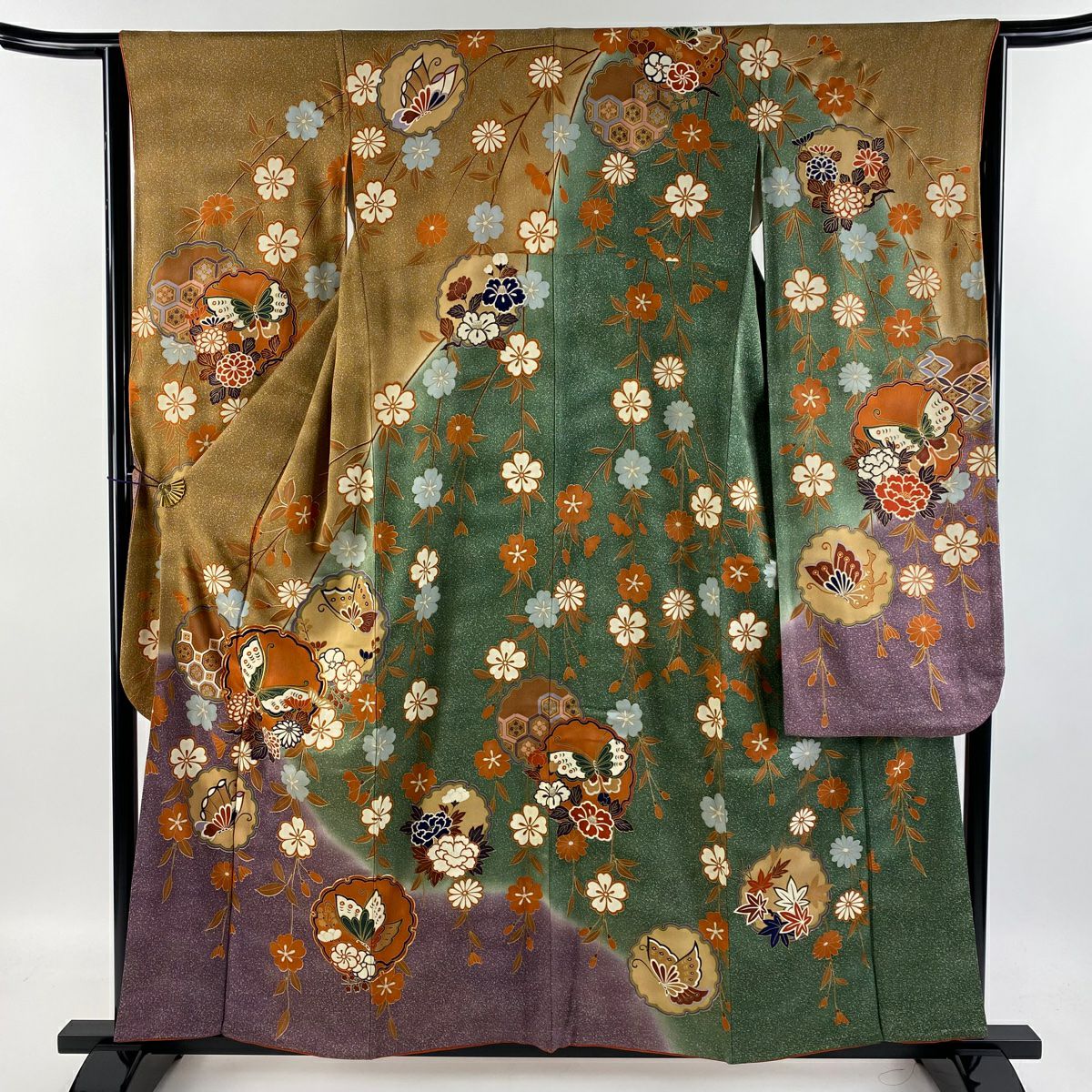 振袖 身丈165.5cm 裄丈68.5cm L 袷 御所車 菊 金糸 金彩