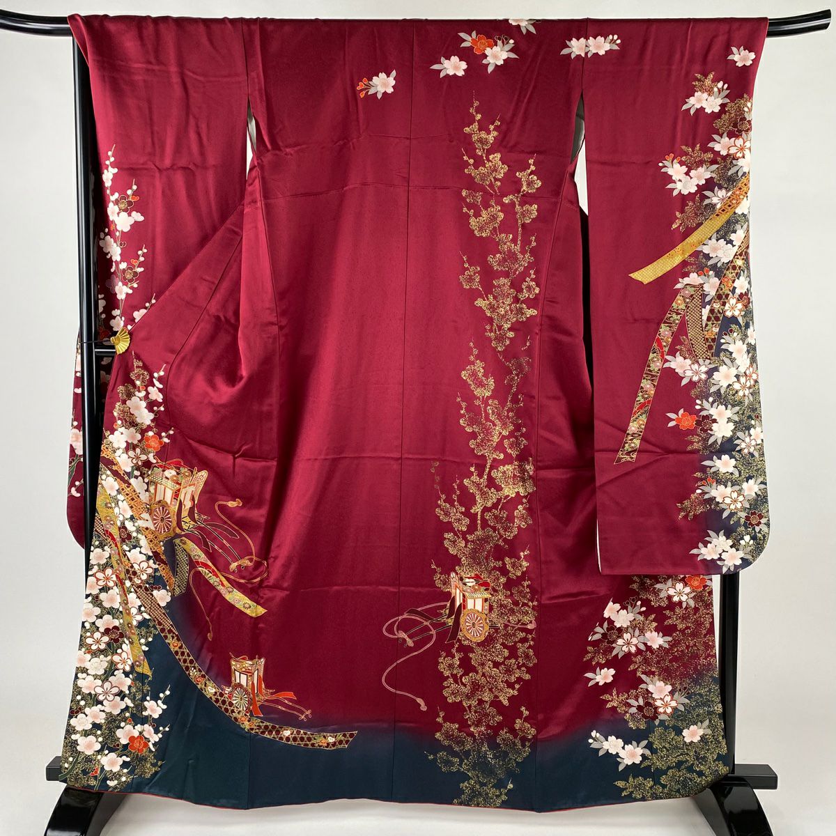 M190　振袖　身丈154cm　無地 振袖 身丈154cm 裄丈64cm M 袷 鞠 梅 金糸 刺繍 えんじ色 正絹