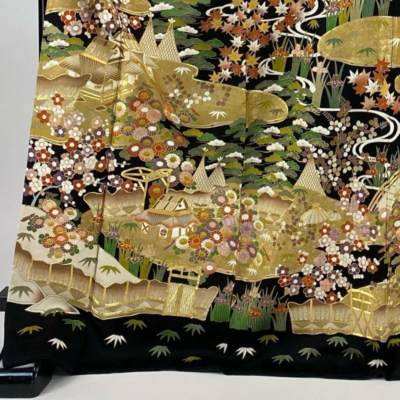 振袖 身丈174.5cm 裄丈71cm L 袷 松竹梅 家屋 金糸 金彩 黒 正絹